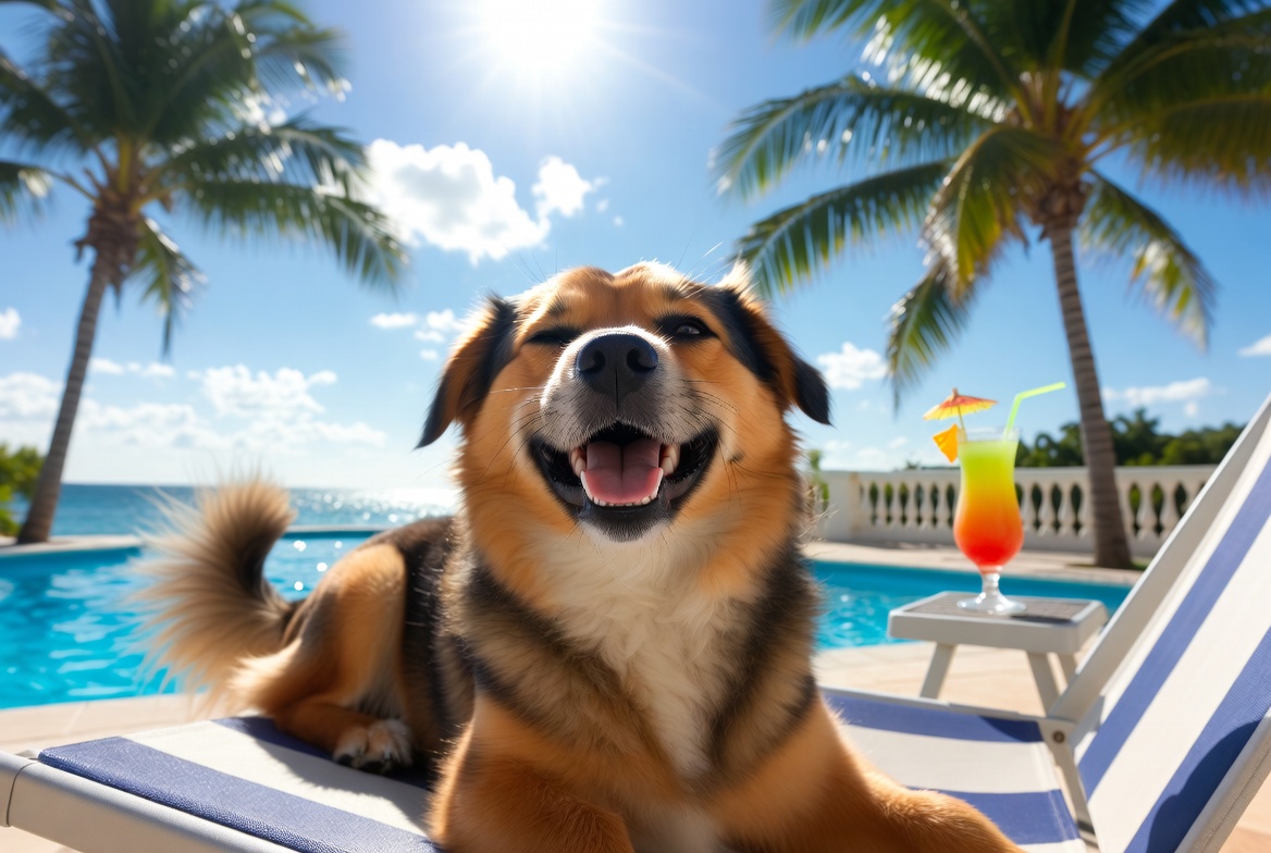 Happy Dog By A Pool