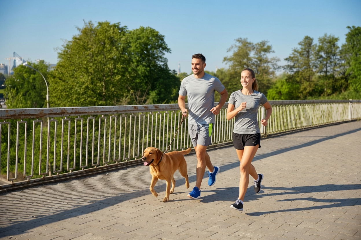 Couple jogging with dog